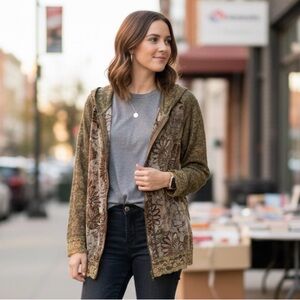 Brittany Black Lagenlook Floral Lace Velvet Zip-Up Hoodie Jacket L Earth Tones